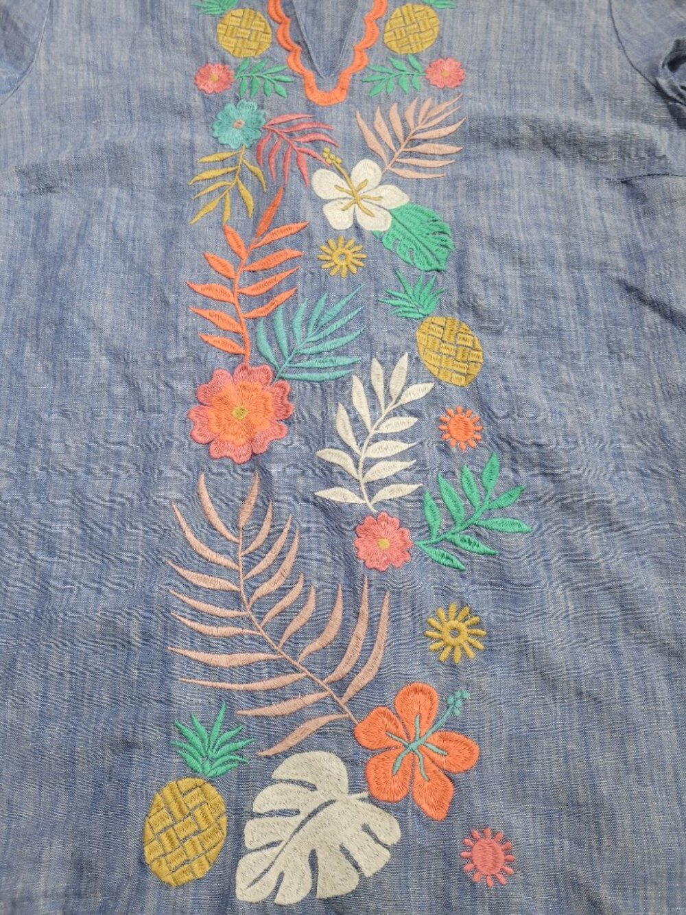 Talbots Embroidered Linen Blend Tropical Top Cap Sleeve Blue Floral Beachy Large - Picture 3 of 9